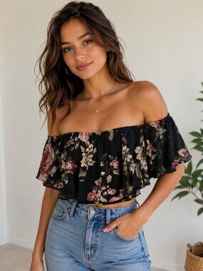 Women's Floral Print Blouse Off Shoulder Bandau